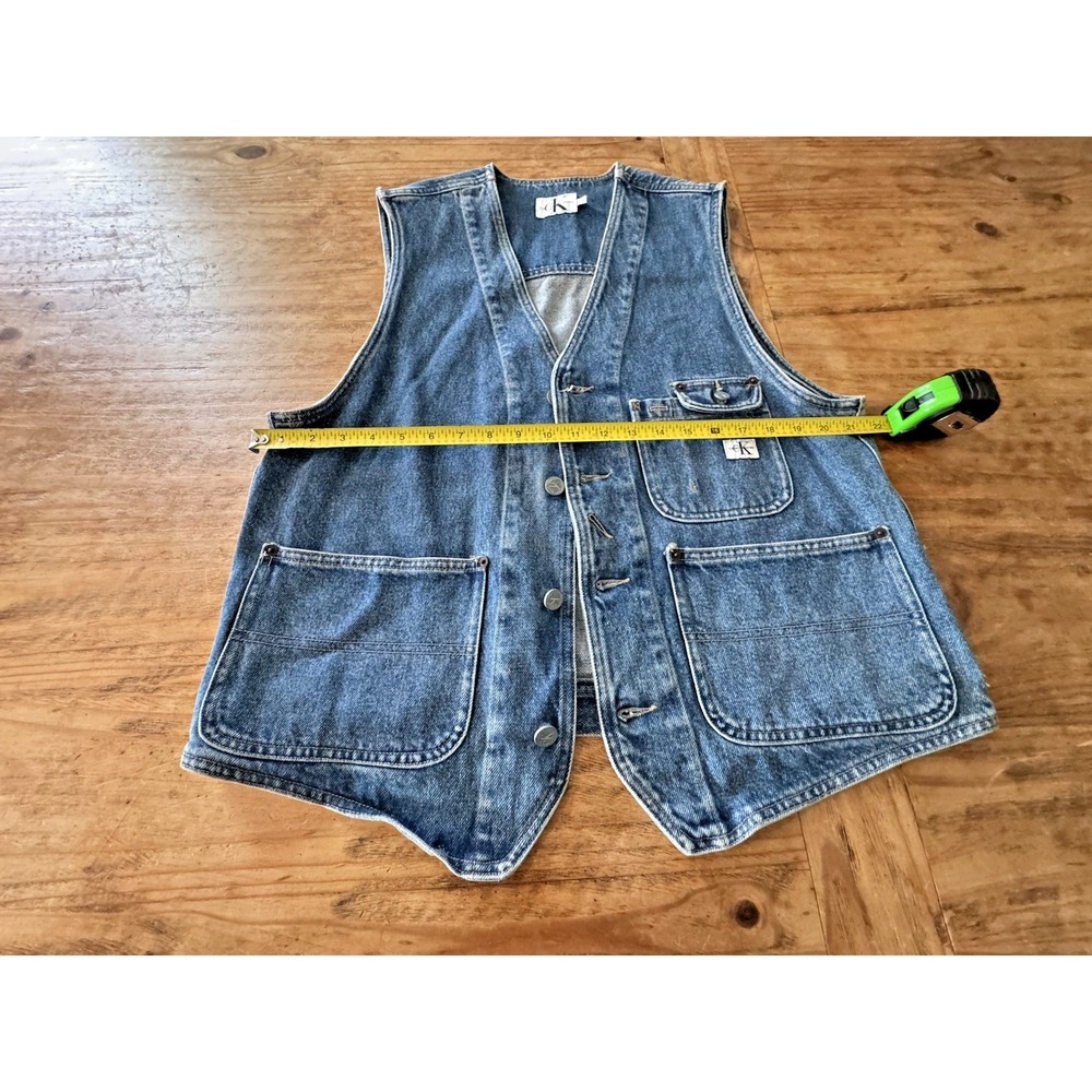 90s Calvin Klein CK Jeans Denim Button Vest Unisex Leather Patch Sz L Vintage - Picture 8 of 8
